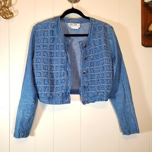 Vintage 90's Y2K Cropped Denim Long Sleeve Checkered Detail Jacket Size 6